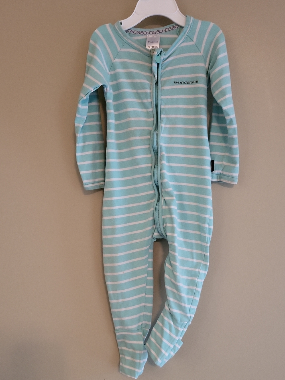 Bonds mint green & white striped wondersuit